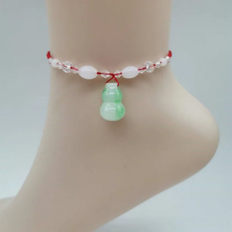 

Summer New Classics Heart Shaped Pendant Anklets for Women Girl Handwoven Red Rope Jade Beaded Feet Chain Jewelry Accessories