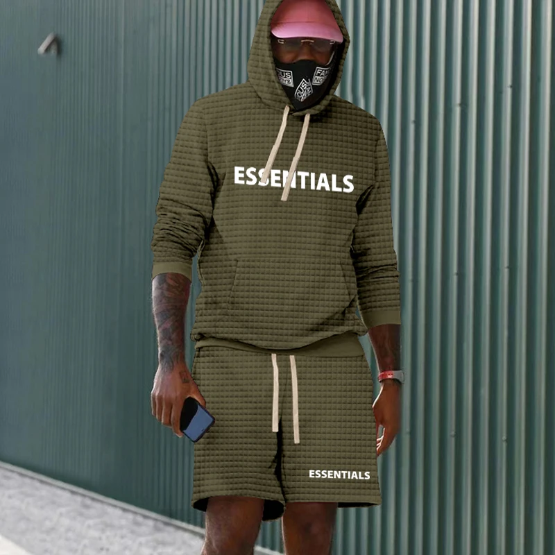 2023 Men's Summer Cotton Grid Stripe Solid Color Trendy Hip Hop Tops Suit Man High Street Oversized Drawstring Shorts