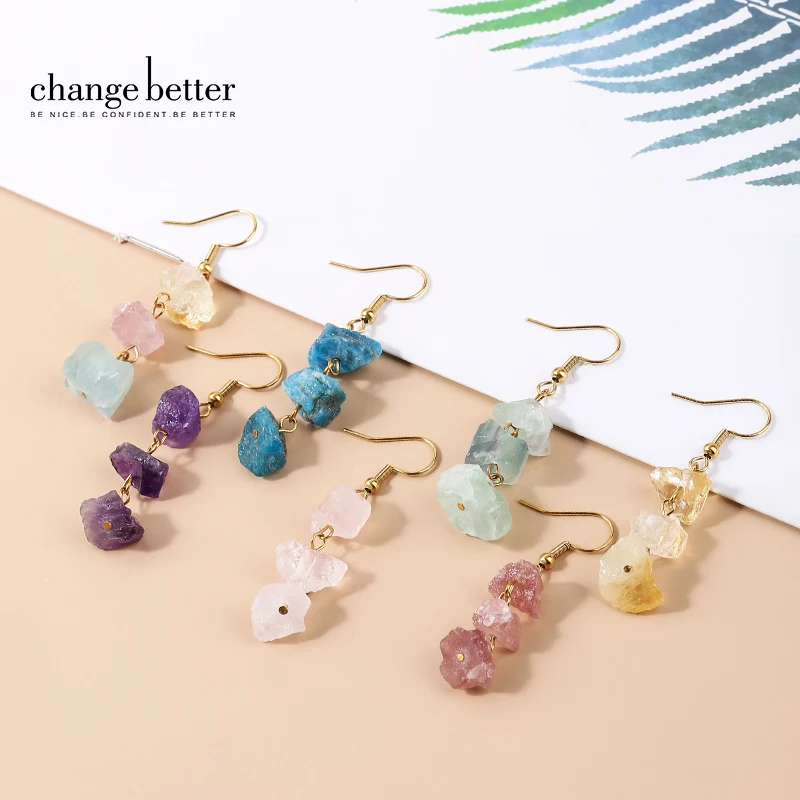 Change Better Natural Raw Stone Pink Quartz Amethyst Dangle Earring Women Rough Citrines Charm Necklace Girls Chain Jewelry Set