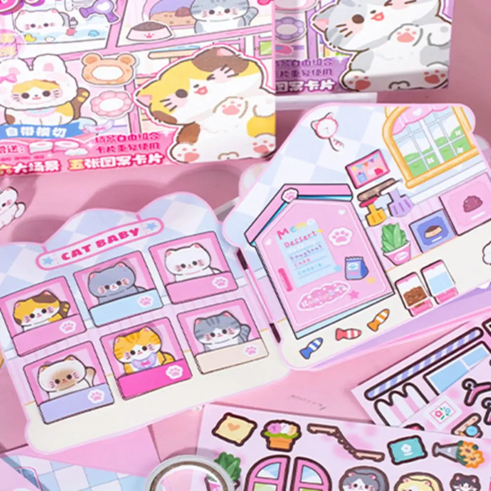Фото Магнитная развивающая книга Монтессори Kawaii: Тихая книга-раскраска ручной работы с наклейками-котиками, мультяшная книга-ежедневник DIY, подарок на день рождения №5
