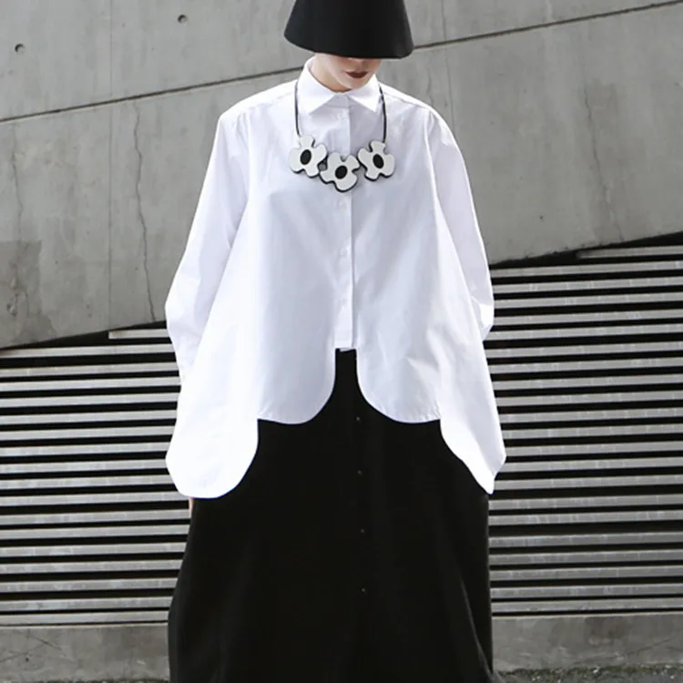 

2022 spring homemade niche irregular arc super wide hem white shirt women loose shirt women 1045