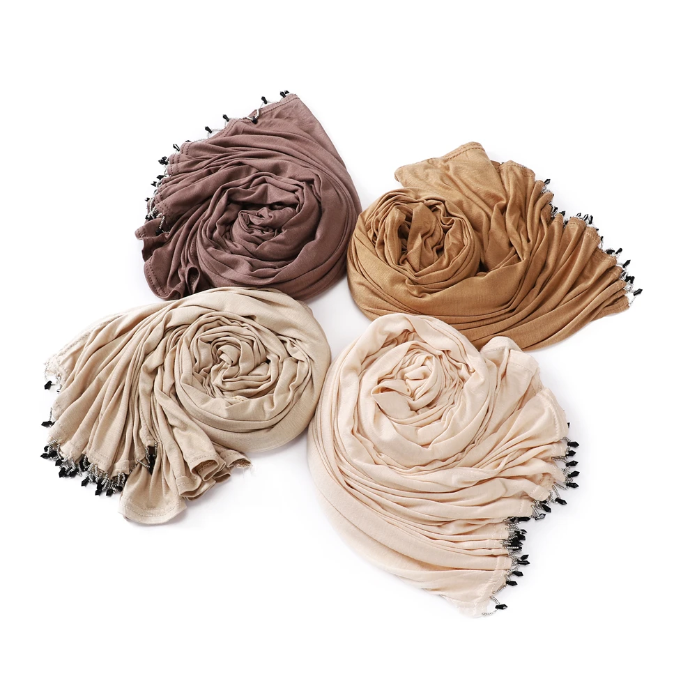 Модный хлопковый трикотажный шарф-хиджаб из модала с бисером ручной работы