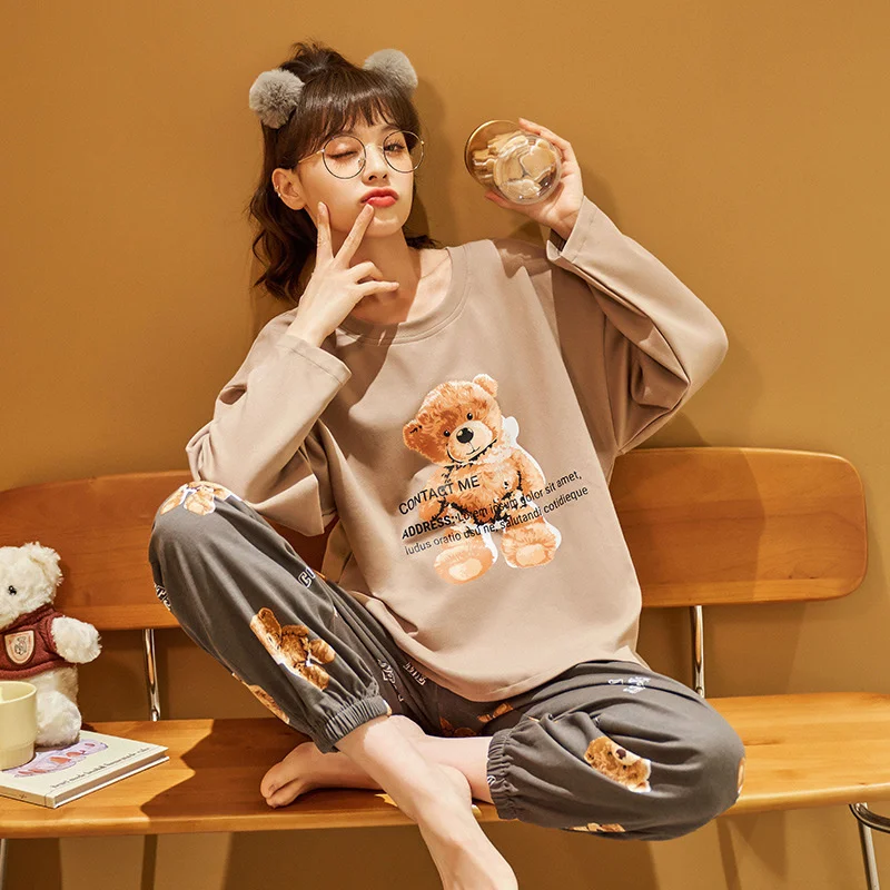 new style pajamas female long sleeve cotton cartoon cute spring and autumn simple girls can wear home clothes