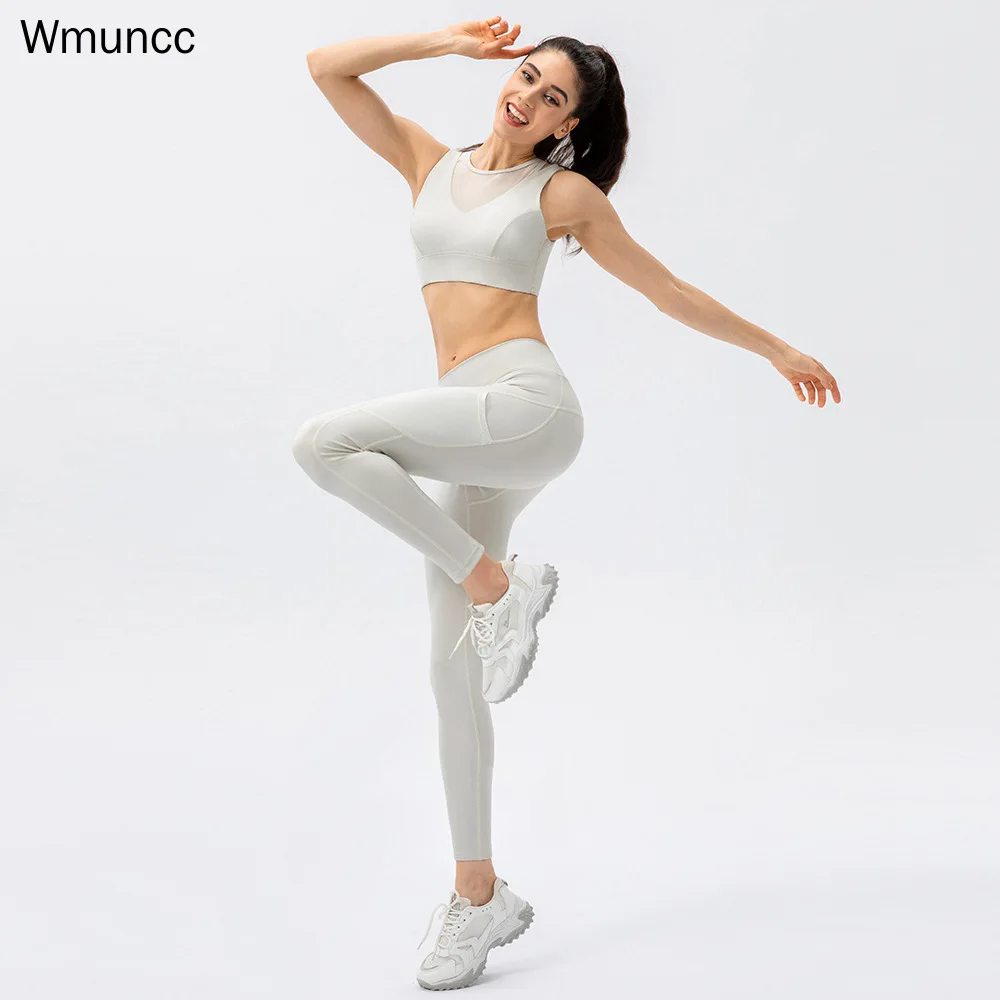 Wmuncc Naked Yoga Pants with Pocket Women's No Embarrassment Line Running Tight High Waist Hips Fitness Training Nylon + Spandx