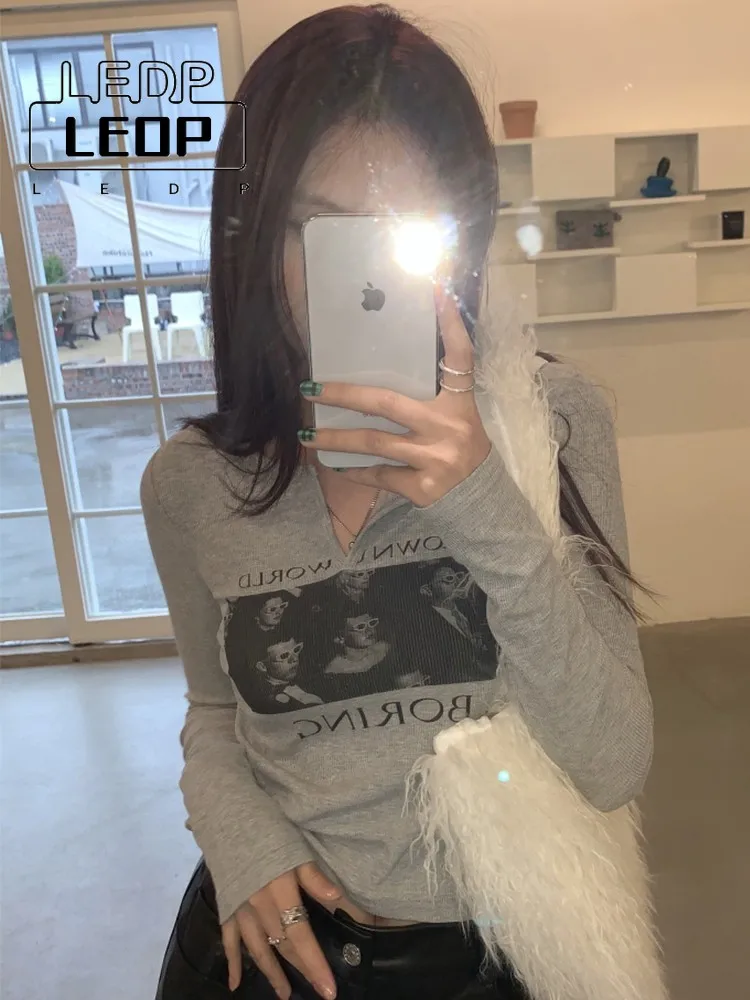 

LEDP Sexy Slim Vintage Print Graphic T Shirt Long Sleeve Crop Top Women Clothes Spring Y2k Grunge Aesthetic Streetwear Tee