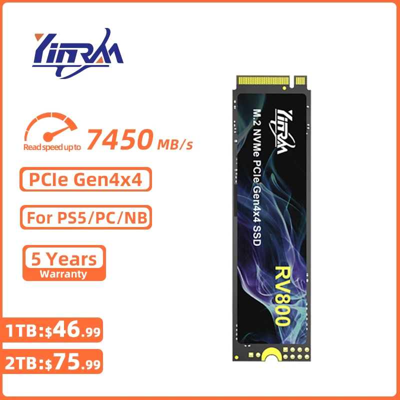 

Внутренний твердотельный накопитель YINRAM SSD NVMe M2 2 ТБ 1 ТБ 7450 Мб/с, M.2 2280, жесткий диск PCIe4.0x4 с радиатором для портативного ПК PS5