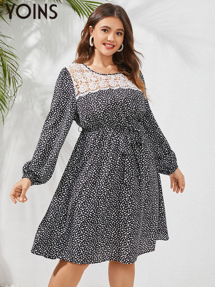 

YOINS Elegant Sexy Long Sleeve Party Dress 2023 Autumn O Neck Ruffled Sundress Casual Loose Floral Printed Lace Robe Plus Size