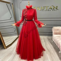 caroline red appliques evening dress high neck long sleeves a line elegant flowers beads crystal prom gowns party custom made