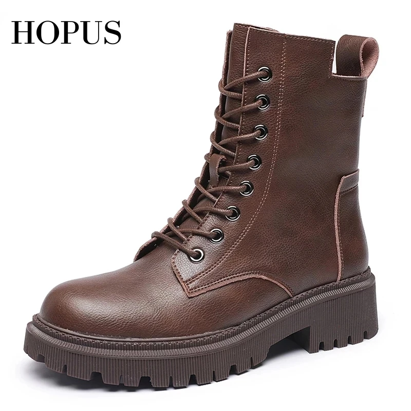 HOPUS Women's Boots High Quality Retro British Style Leather Shoes For Women 2022 New Short Boots Square Heel Platform Shoes
