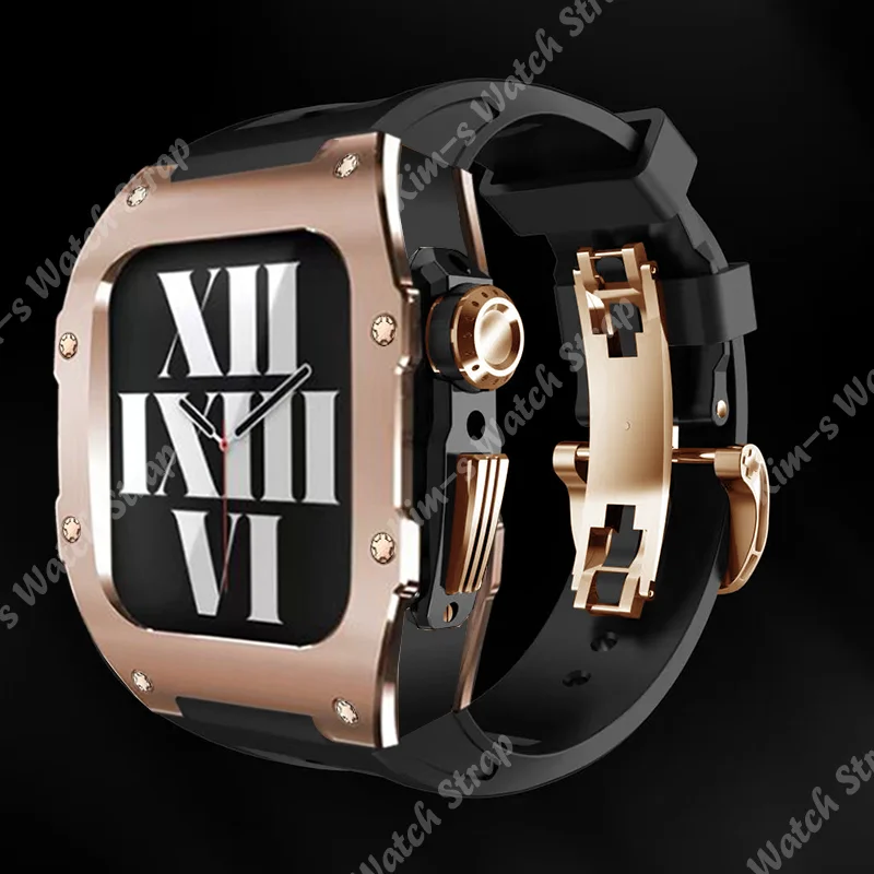 Titanium Alloy Stainless Steel Modification kit for Apple Watch 7 45mm Fluorine Rubber Strap for iWatch 6 SE 5 4 44mm Band Set