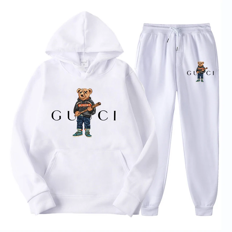 

Men's Luxury Outdoor Winter Sportswear Designer Bear Print Premium Hoody Set Vintage Hooded Sweatshirt + Sweatpants 2Pcs Suit