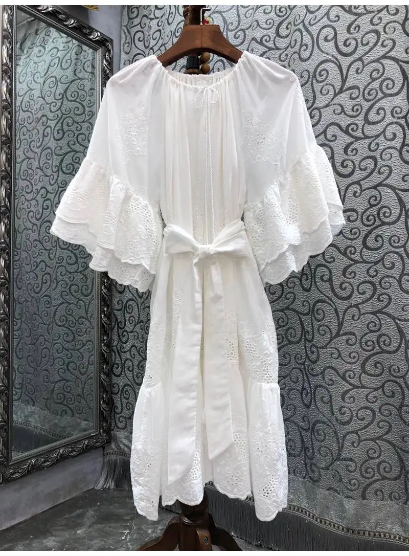 Boho Dress 2022 Summer Fashion Style Women Exquisite Embroidery Bow Belt Deco Flare Sleeve Casual Loose White Dress Clothes
