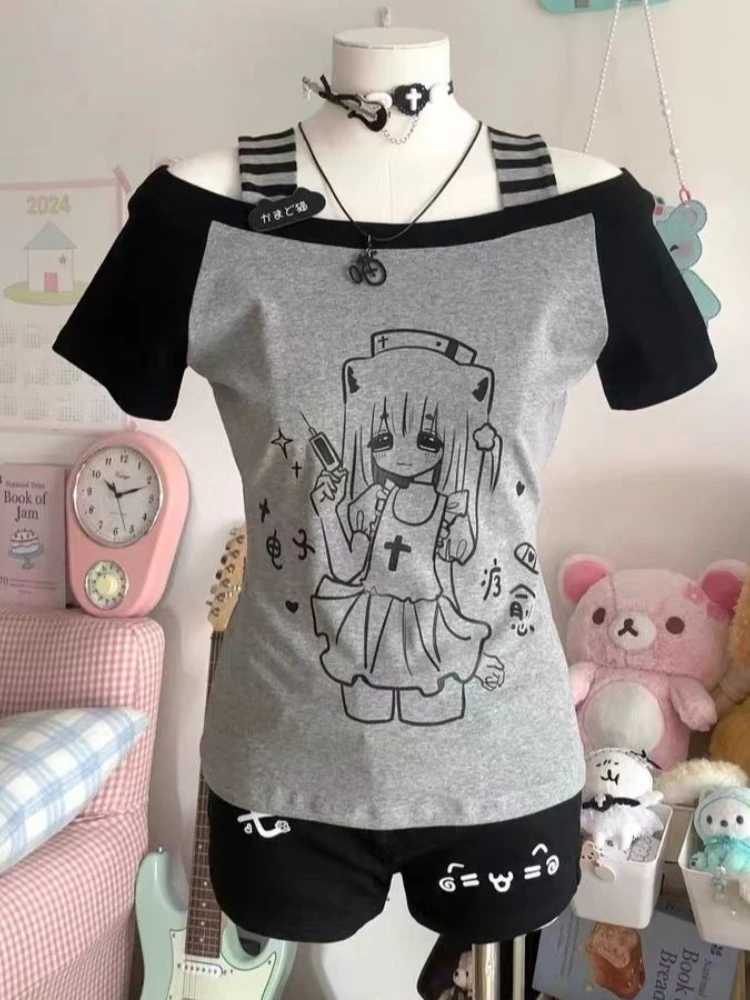 Фото HOUZHOU Y2k Kawaii White Juminocore женские футболки Cutecore с коротким рукавом в полоску с открытыми плечами японские модные тонкие футболки Gyaru №5