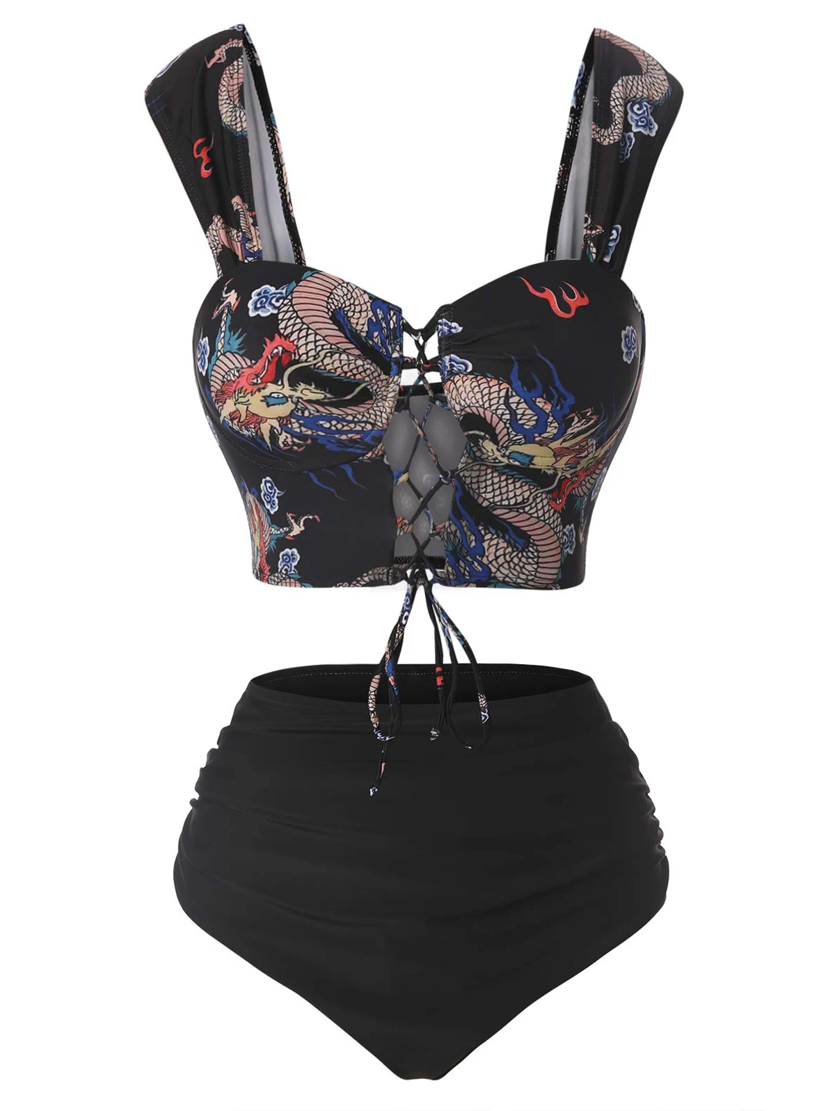 

Push Up Underwire High Waisted Tankini Two Piece Swimwear Ruched Bowknot Moulded Swimwear Bodysuit