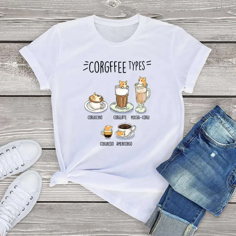 

Corgffee Types T Shirt Women Cotton Funny Chubby Style Art Kawaii Corgi Dog Womens Tshirt Vintage Cute Graphic Tees Women