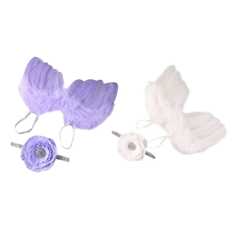 

Baby Angle Wings And Headband Halo Floral Bow Hairband Set Infant Photo Props