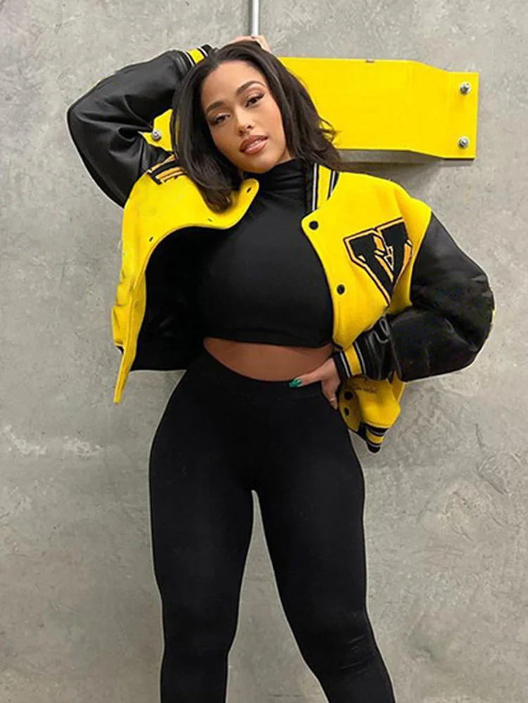 

Женская куртка-бомбер из ПУ кожи, с длинным рукавом