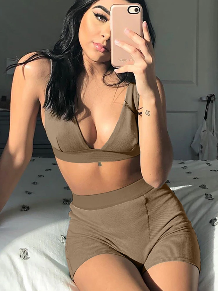 

Sexy Women Sleeveless Strap Bra Bustiers Tank Vest Crop Tops High Waist Shorts Pants Trousers Tracksuit Summer 2023