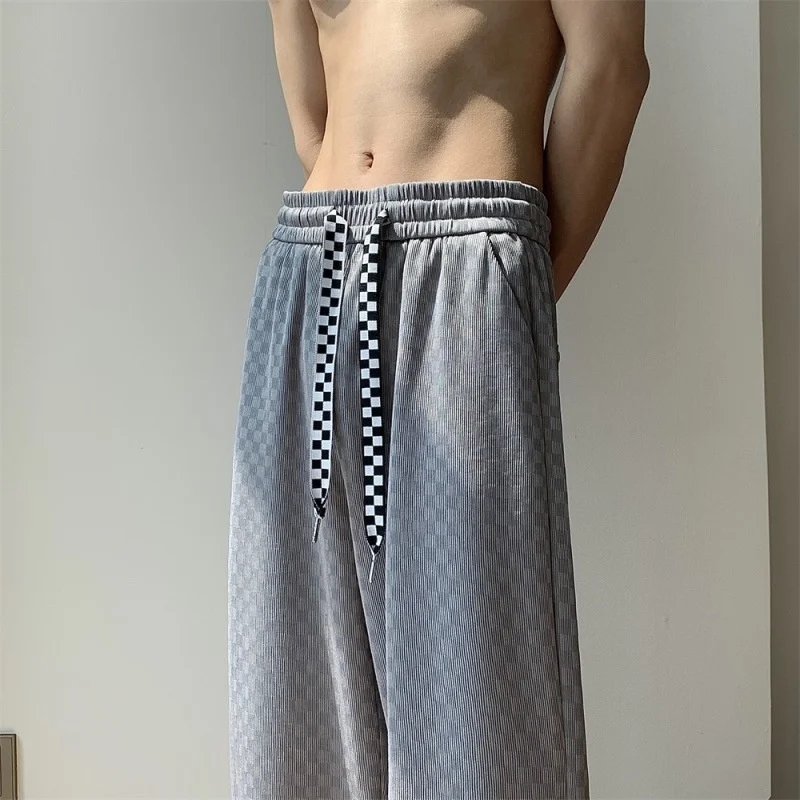 

High quality Chessboard draping ice silk for men Summer thin Korean trend straight loose handsome long pants