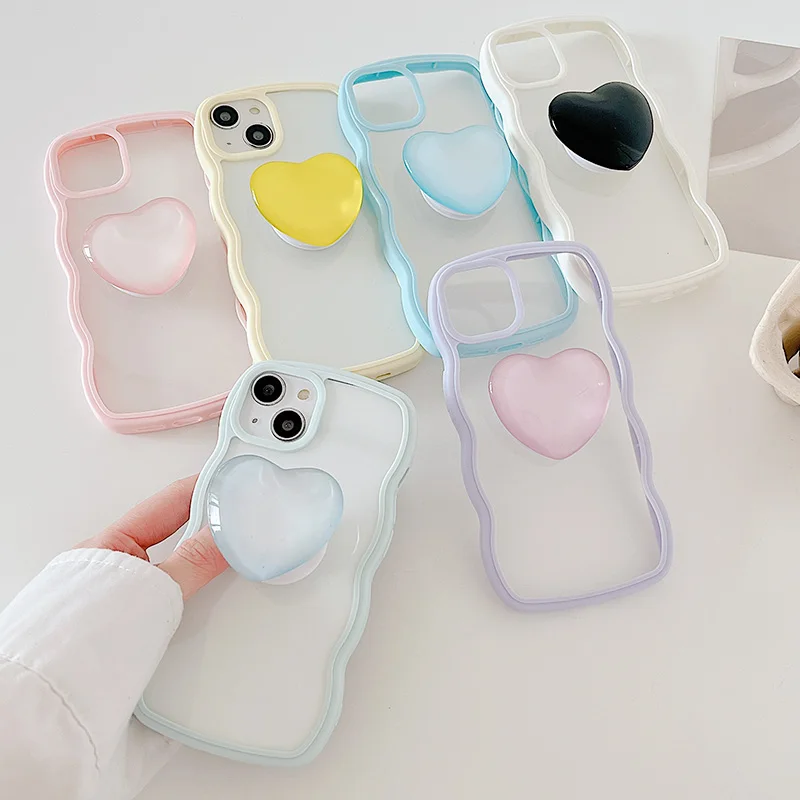 

Gradient love heart bracket Wavy Edge Case For iPhone 13 12 11 Pro Max X XR XS 7 8plus Ice Cream Color Bumper Soft Clear Cover