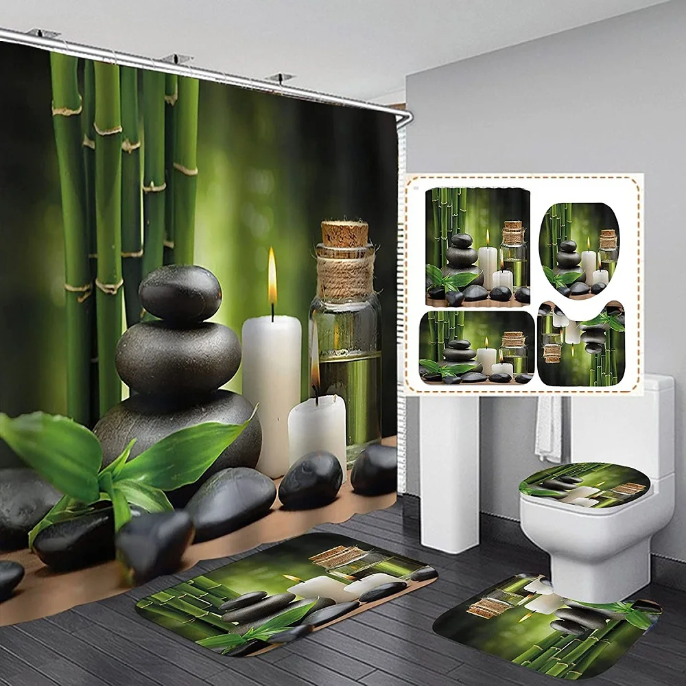 

Zen Yoga Spa Shower Curtain Set Anti-slip Rugs Toilet Lid Bath Mat Cover Green Bamboo Herbal Oil Stone Candle Bath Curtains Sets