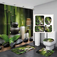 zen yoga spa shower curtain set anti slip rugs toilet lid bath mat cover green bamboo herbal oil stone candle bath curtains sets