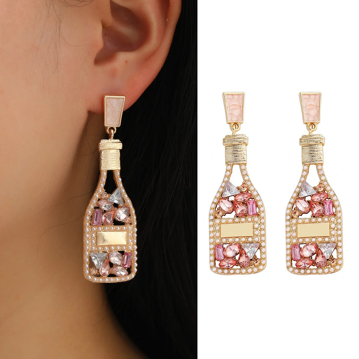 

Stainless Steel Women's Earrings With Diamond Earrings Geometric Life Creativity Personality Pink Oil Drop Wine Bottle Earrings