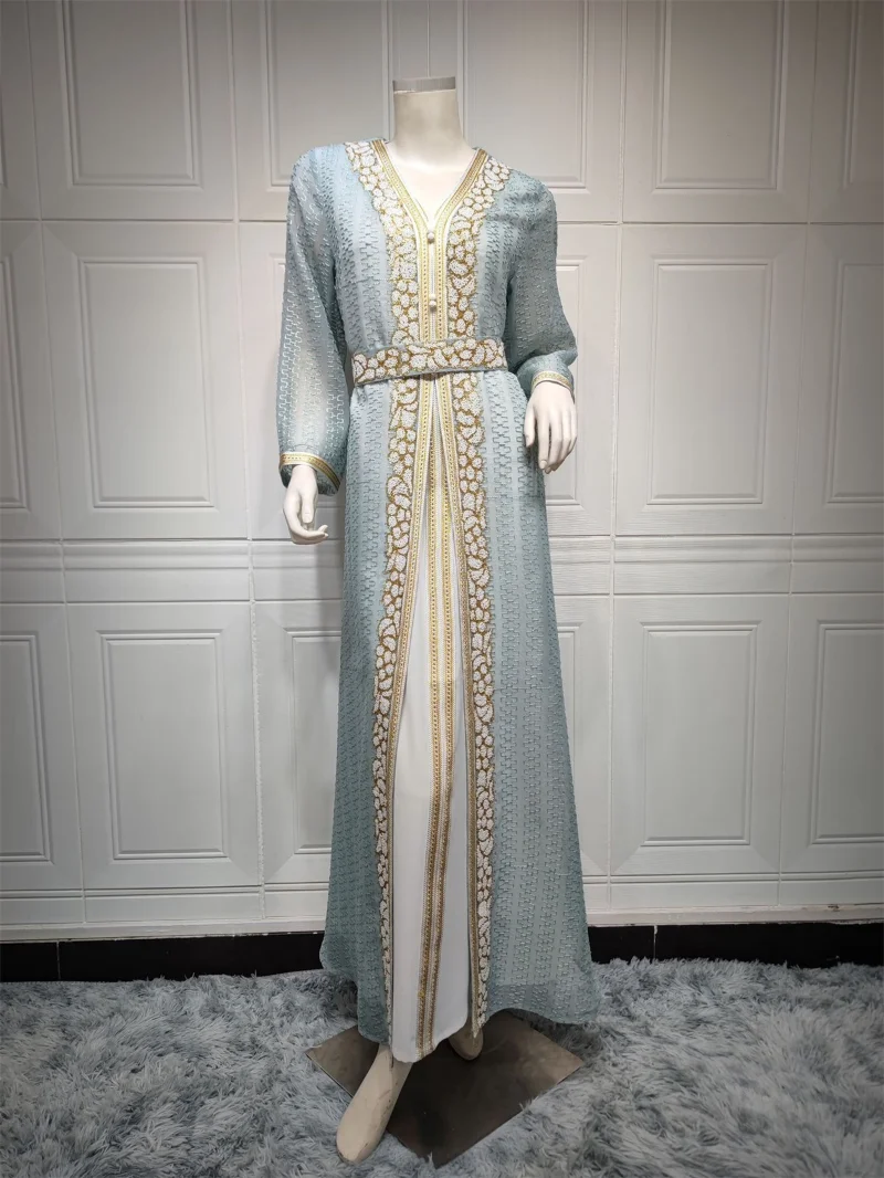 Elegant Turkish Abayas Muslim 2 Pieces Set Kaftan Dubai Luxury Diamonds Arabic Dresses Floral Embroidery Lace Tape Belted Dress