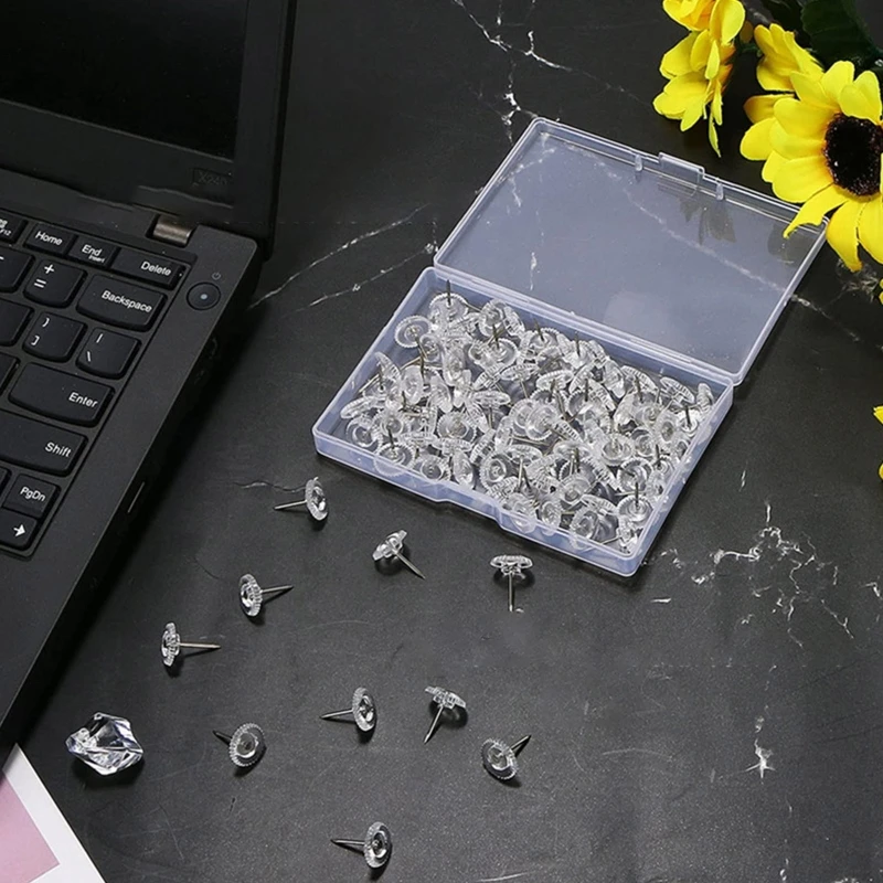 100pcs Decorative Pushpins Set Small Clear Thumb Tacks Set Box Sealed Ideal for Adults Displaying File Photo Posters D5QC