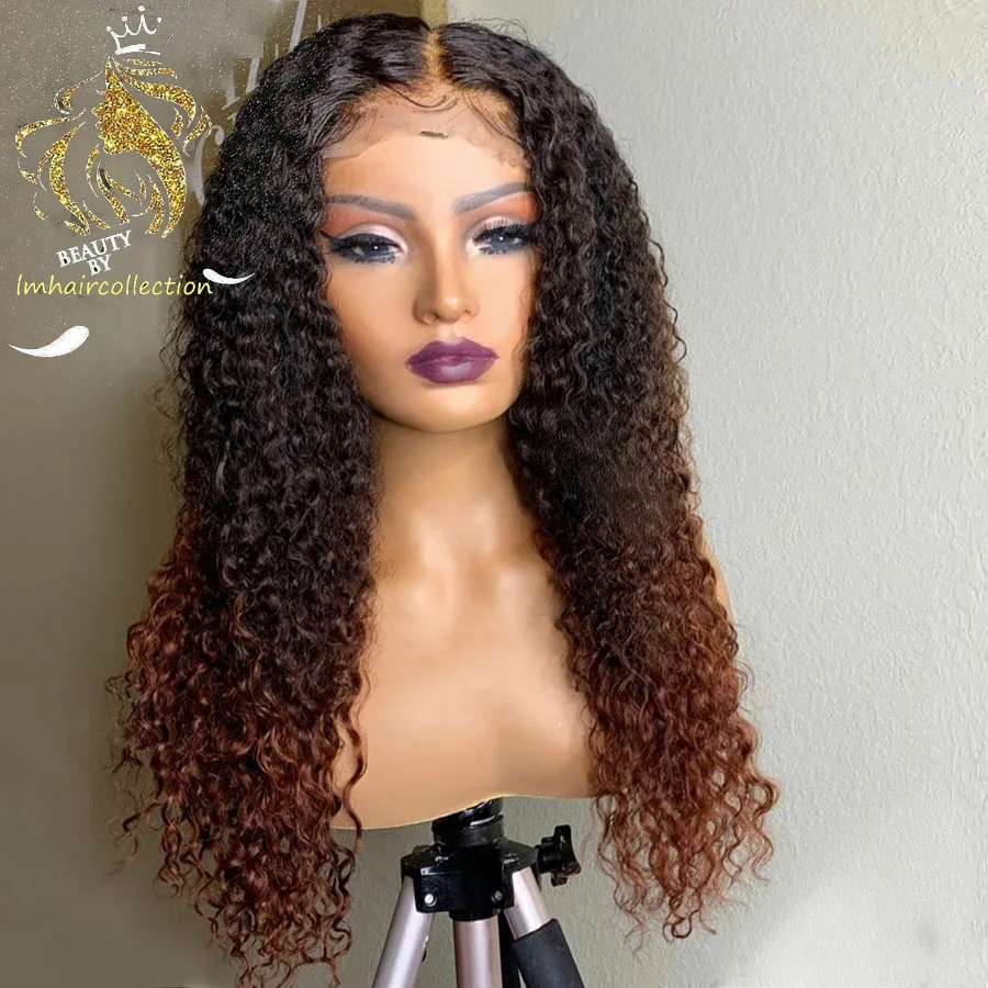 Ombre Brown Color Remy Human Hair 4x4 Lace Closure Wig For Women Deep Curly Wig Preplucked Transparent Lace Human Wigs