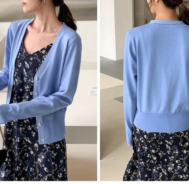 New Small Spring and Autumn Thin Sweater Short Shawl Coat Versatile Skirt Top Korean Fashion  Slim V-Neck Knitted Cardigan
