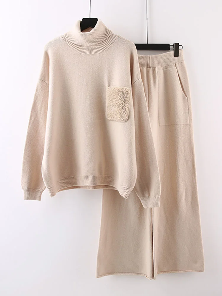 High Neck Pocket Sweater Wide-leg Pants Knitted Two-piece Thick Loose Set Clothing Female 2022 Autumn Winter New C248