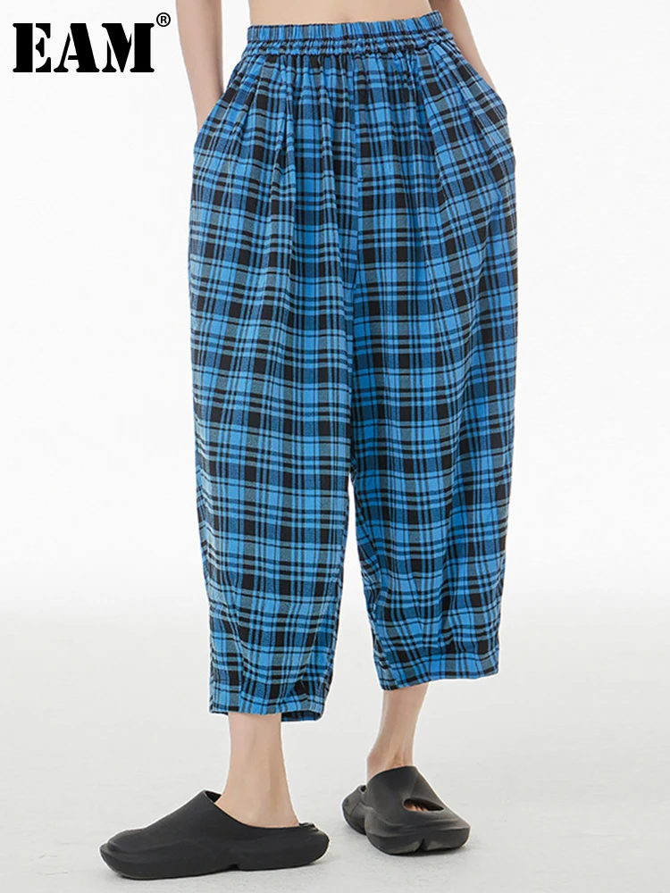 

[EAM] High Elastic Waist Blue Plaid Brief Long Wide Leg Trousers New Loose Fit Pants Women Fashion Spring Autumn 2022 1DE9780