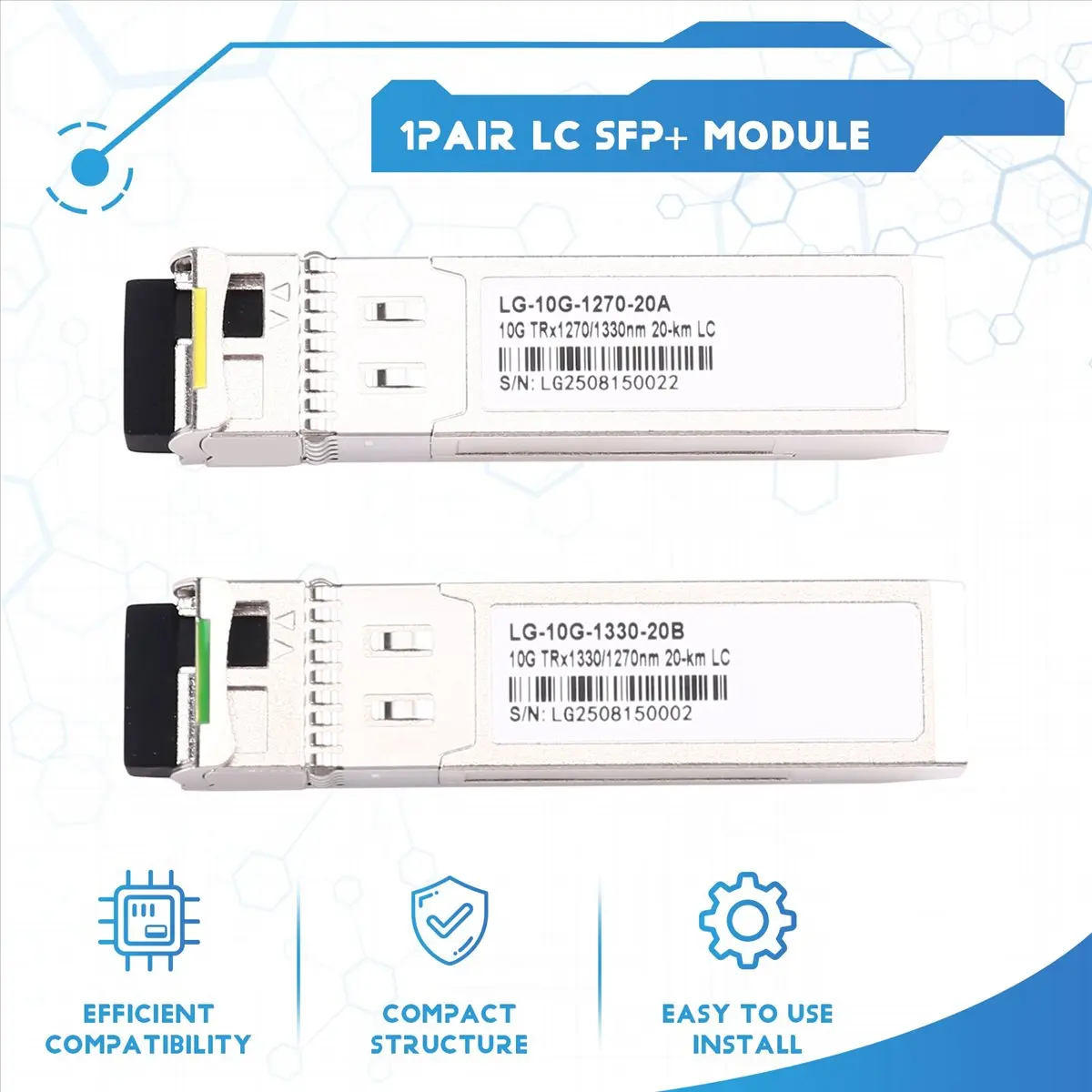 Фото Модуль оптоволоконный 10G BIDI LC SFP+ 1270/1330 нм, одномодовый, 20 км, для коммутаторов HORACO №5