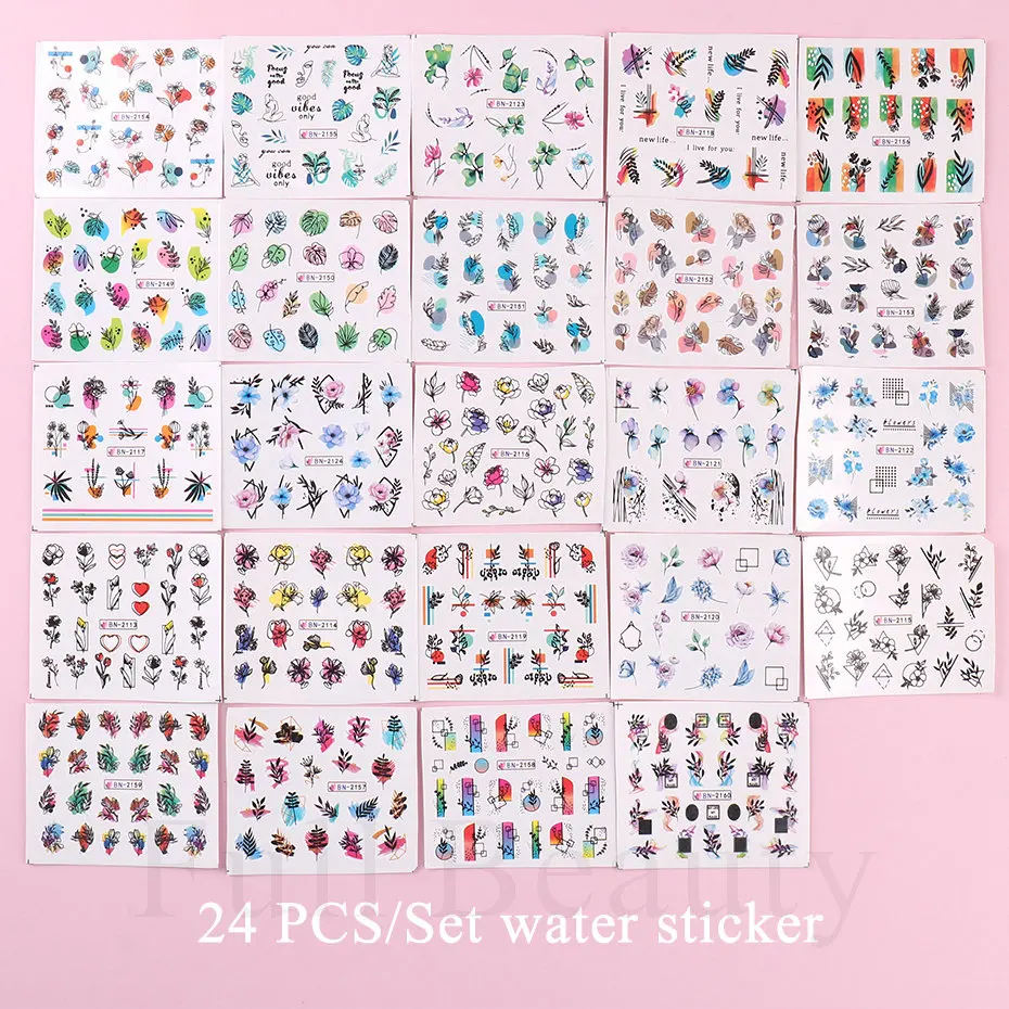 24pcs Sticker Set Summer Water Decal Nail Art Ink Flowers Leaves Graffiti Slider for Nail Decoration Foils Tattoo CHBN2113-2160- images - 6