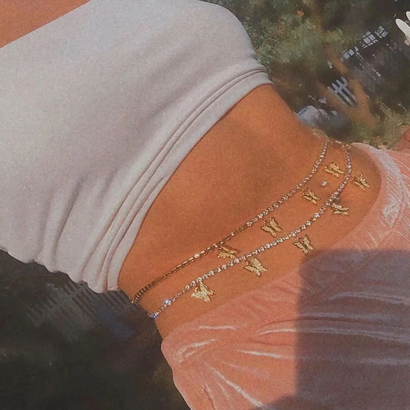 

Sexy Aesthetic Butterfly Pendant Belly Chain Thin Beads Link Zircon Waist Chain Belt Boho Streetwear Summer Women Body Jewelry