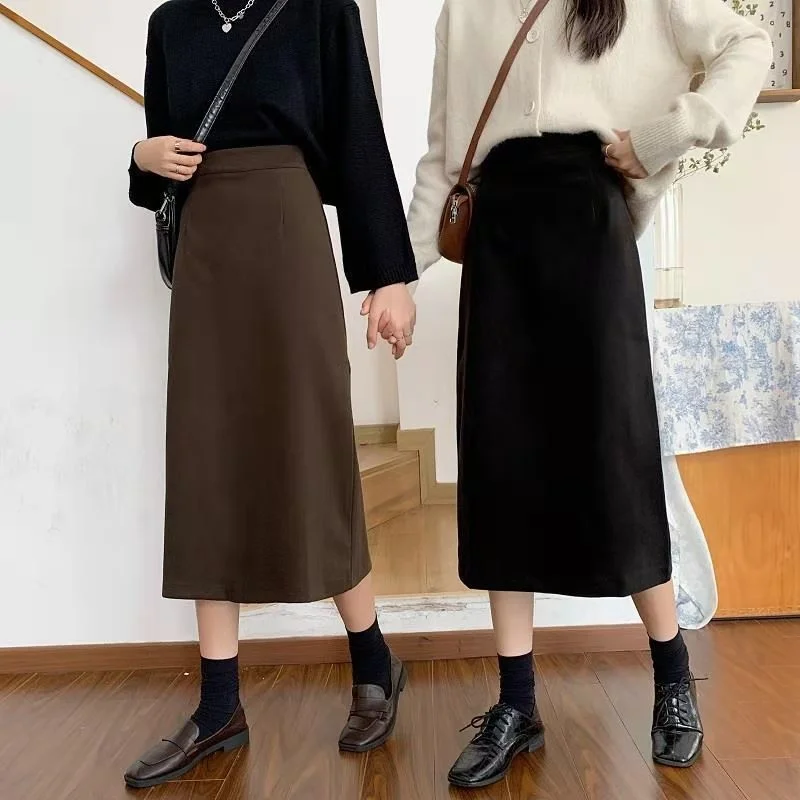 

PEONFLY Women's Skirt Korean Style A Line Solid Color High Waist Mid Calf Zipper Woman Skirts Mujer Faldas Femme Jupes Saias