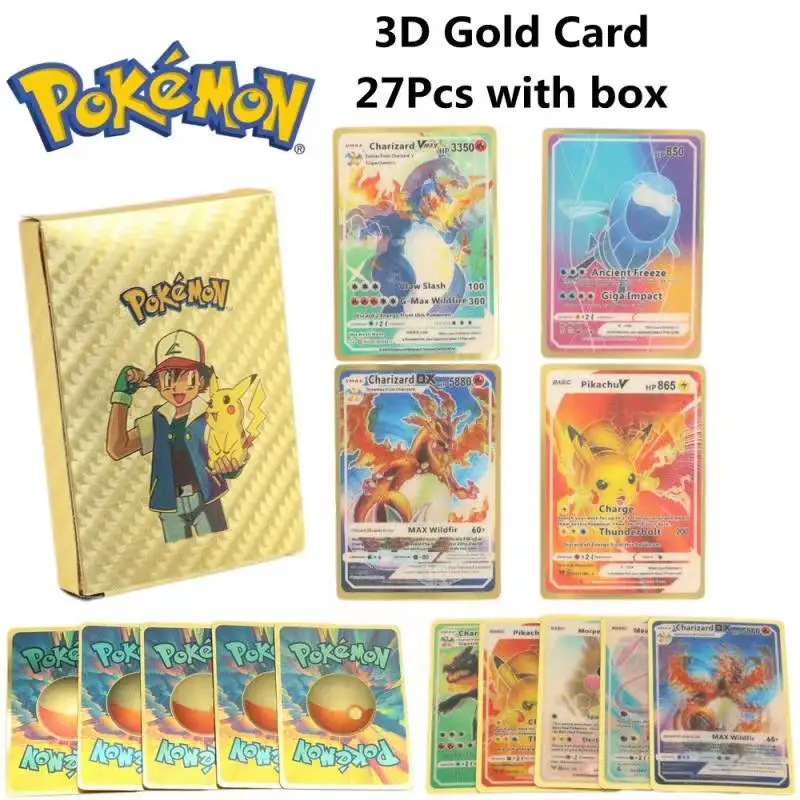 27Pcs Pokemon Cards English Spain 3D Shining Rainbow Cards Gold Silver Black Vmax Gx Pikachu Charizard Trading Game Battle Card