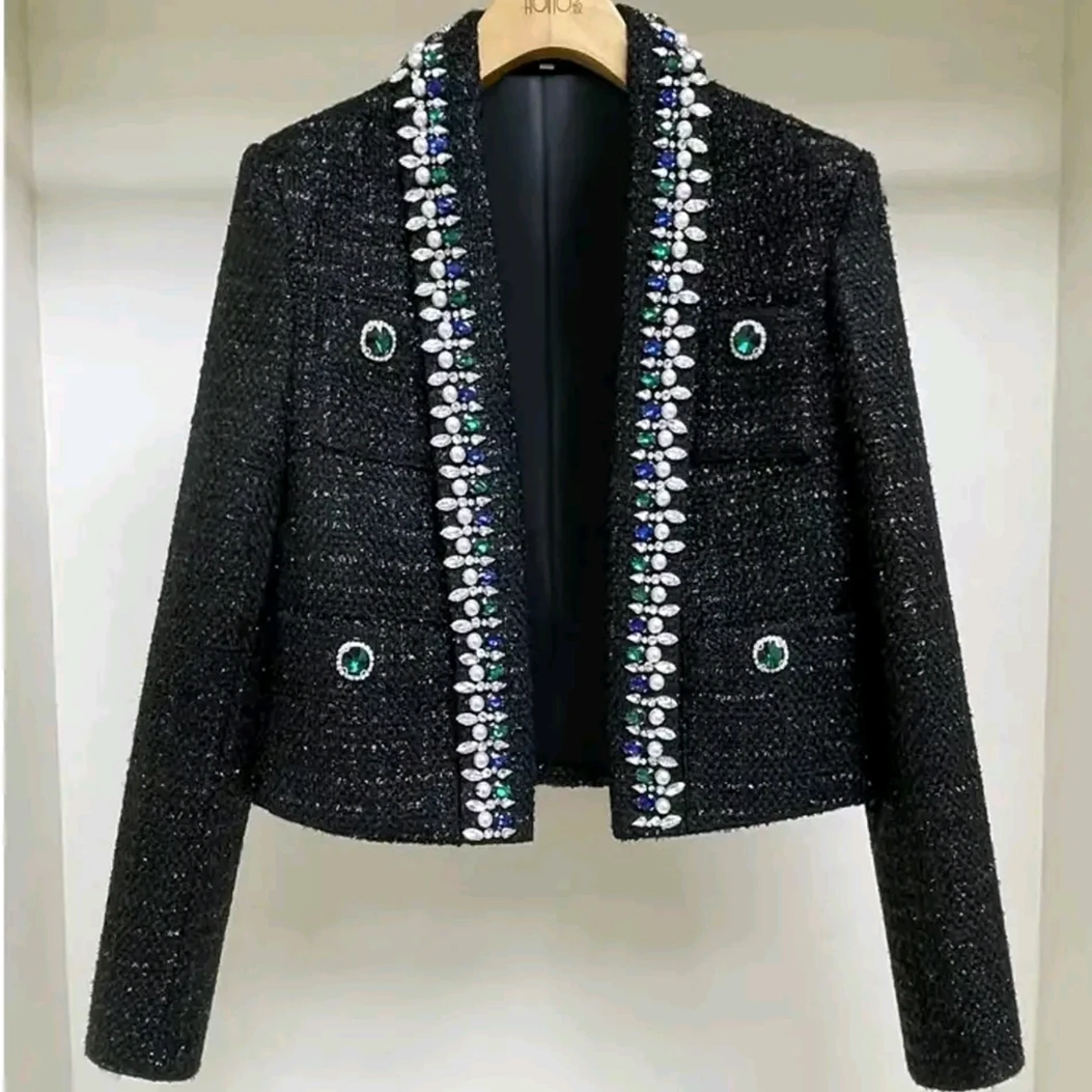 

Женская твидовая короткая куртка, черная осенняя куртка с длинными рукавами, инкрустированная стразами и бусинами, кардиган, топы, новинка 2023