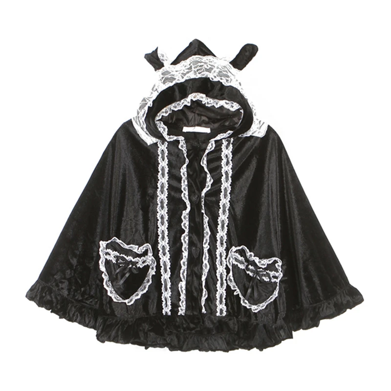 

Vintage Kawaii Velvet Hoodie Cloak Women Bunny Rabbit Ears Hooded Cape Lolita Cute Lace Bow Gothic Black Cosplay Costume Coat