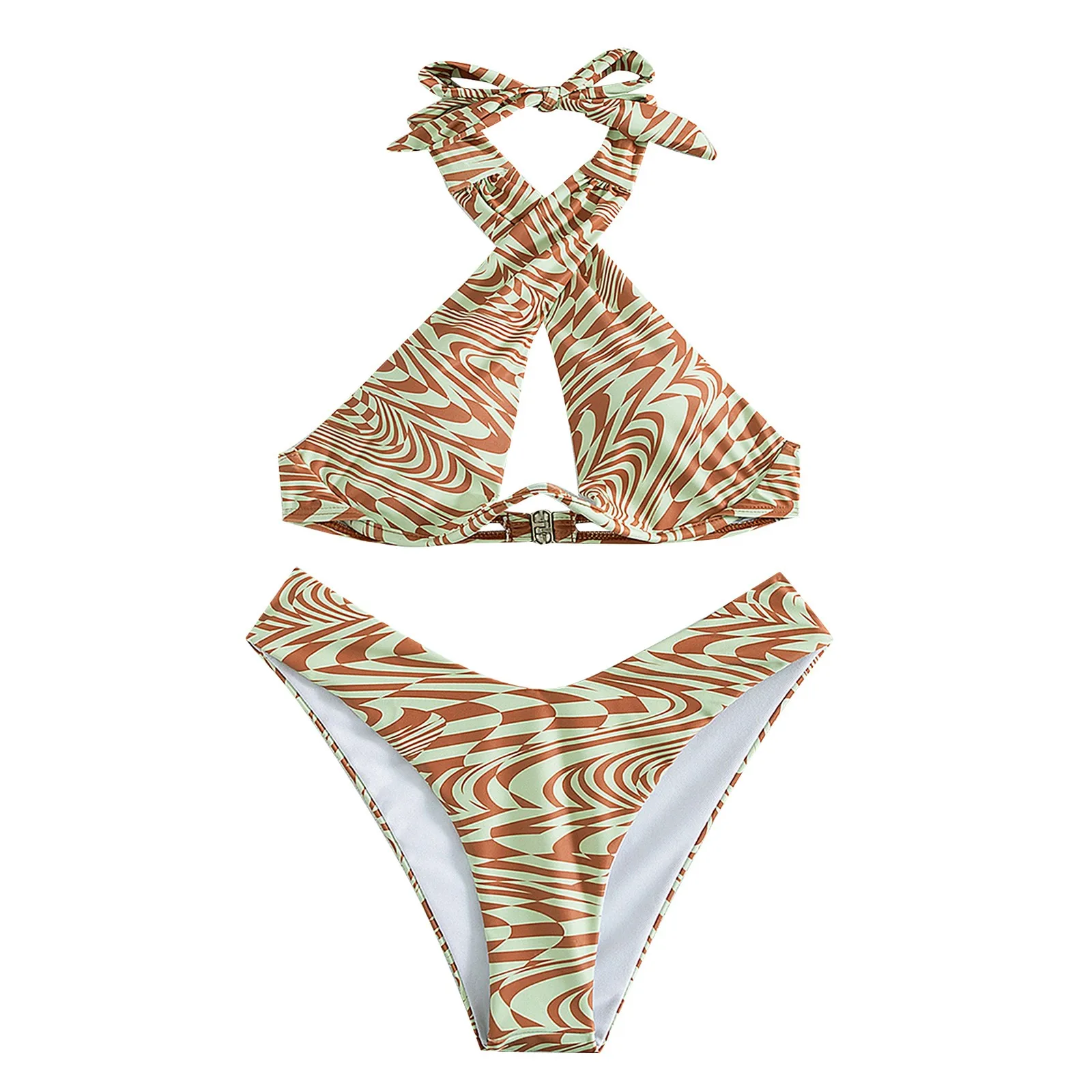 

Womens Swimsuit Print Two-Piece Split Bathing Suit Sexy Hollow Halter Swimwear with Swim Shorts Beachwear Swimwears bikini top