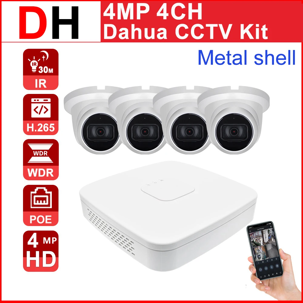 

DH 4CH CCTV Kits 4K POE NVR NVR4104-P-4KS2 4CH 4MP HD IPC-HDW2431TM-AS Built-in Mic CCTV Home Security Surveillance System