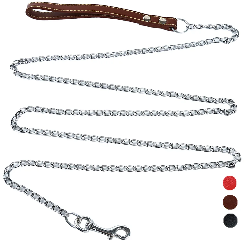 

Durable Anti-Bite Metal Dog Chain Lead For Small Medium Large Dog Chain Leash Handle Leads PU Leather Iron Chain Pet Accessories