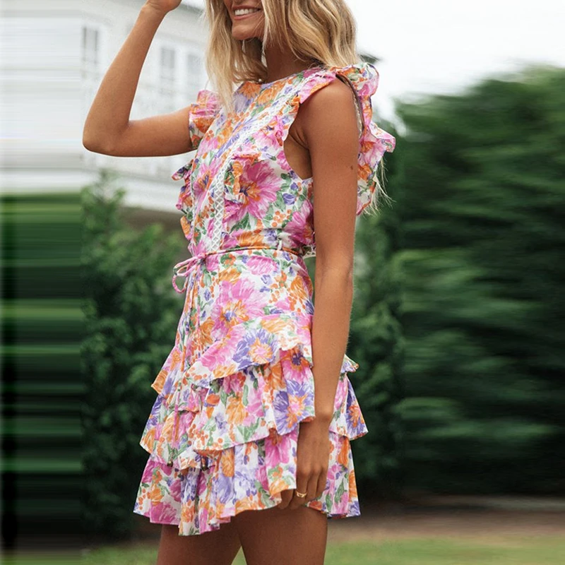 

Women Summer Backless Flower Print Cascading Ruffle Sleeveless Bohemian Dresses Fashion Casual Ladies Vestidos Mini Cake Dress
