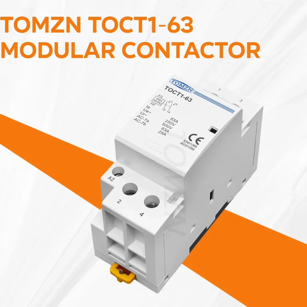 Фото Контактор TOMZN 63A однофазный на DIN-рейку: AC/DC 24/110/230В, основное напряжение: 230В AC, контакты: 2НО2НЗ, 1НО1НЗ, компактный дизайн №1