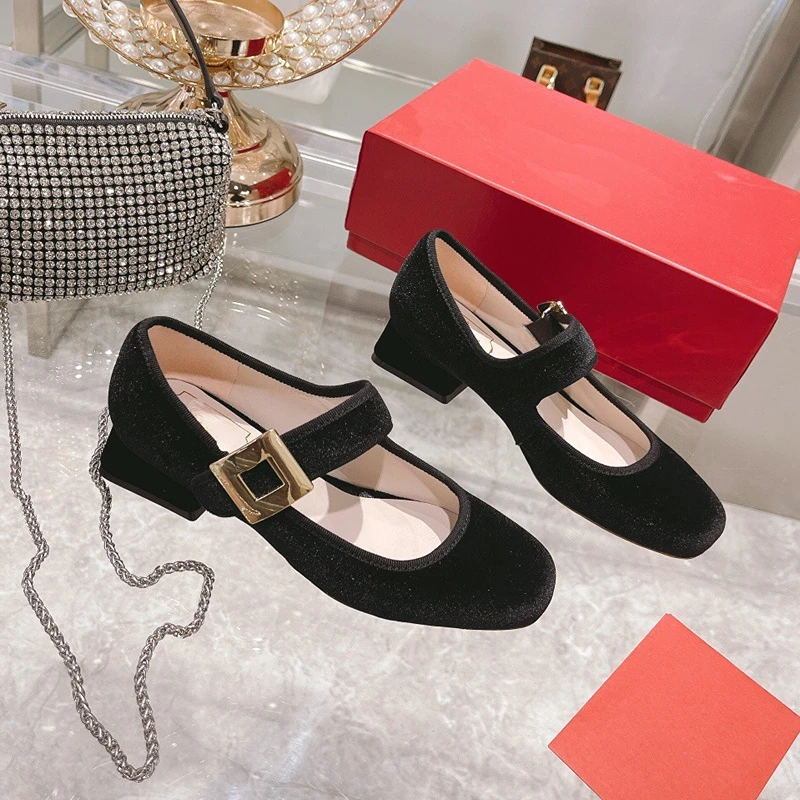 Thick Heel Mary Jane Shoes Women's Square Head Patent Leather Single Shoes Retro Rhinestone Buckle Women's Shoes