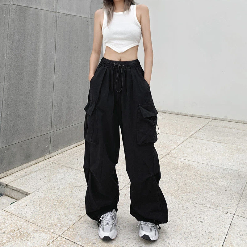 

Брюки-Багги женские с карманами, модные уличные штаны в стиле Харадзюку, прямые широкие однотонные брюки-карго, повседневные джоггеры