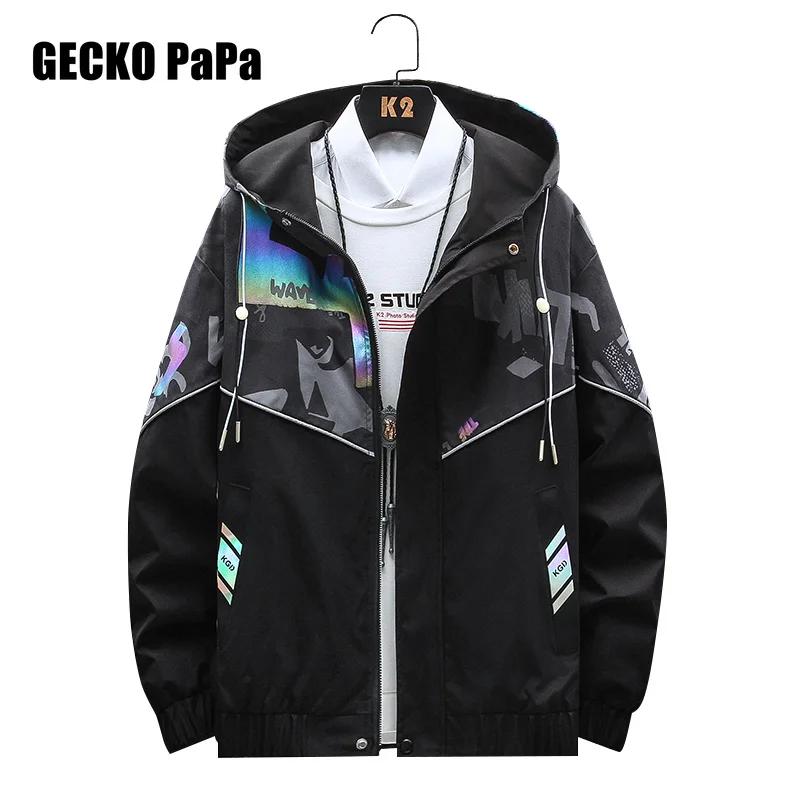 

Fashion 's Hooded Jacket Spring Autumn Loose Casual Windbreaker Trendy Print Overcoat Large Size Mens Clothing M-8XL