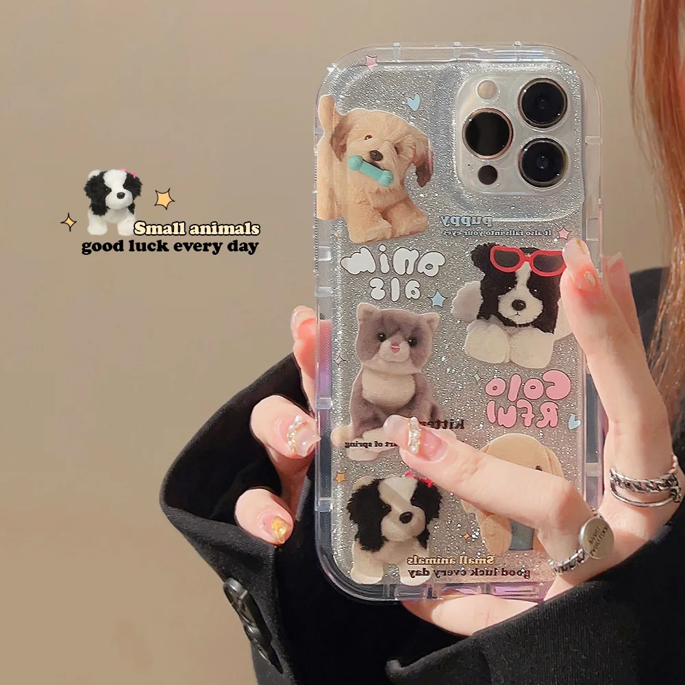 

Ins Style Glitter Doll Cat Dog Phone Case for iPhone 14 12 13 11 Pro ProMax Plus X XR Xsmax Shockproof Phone Cover