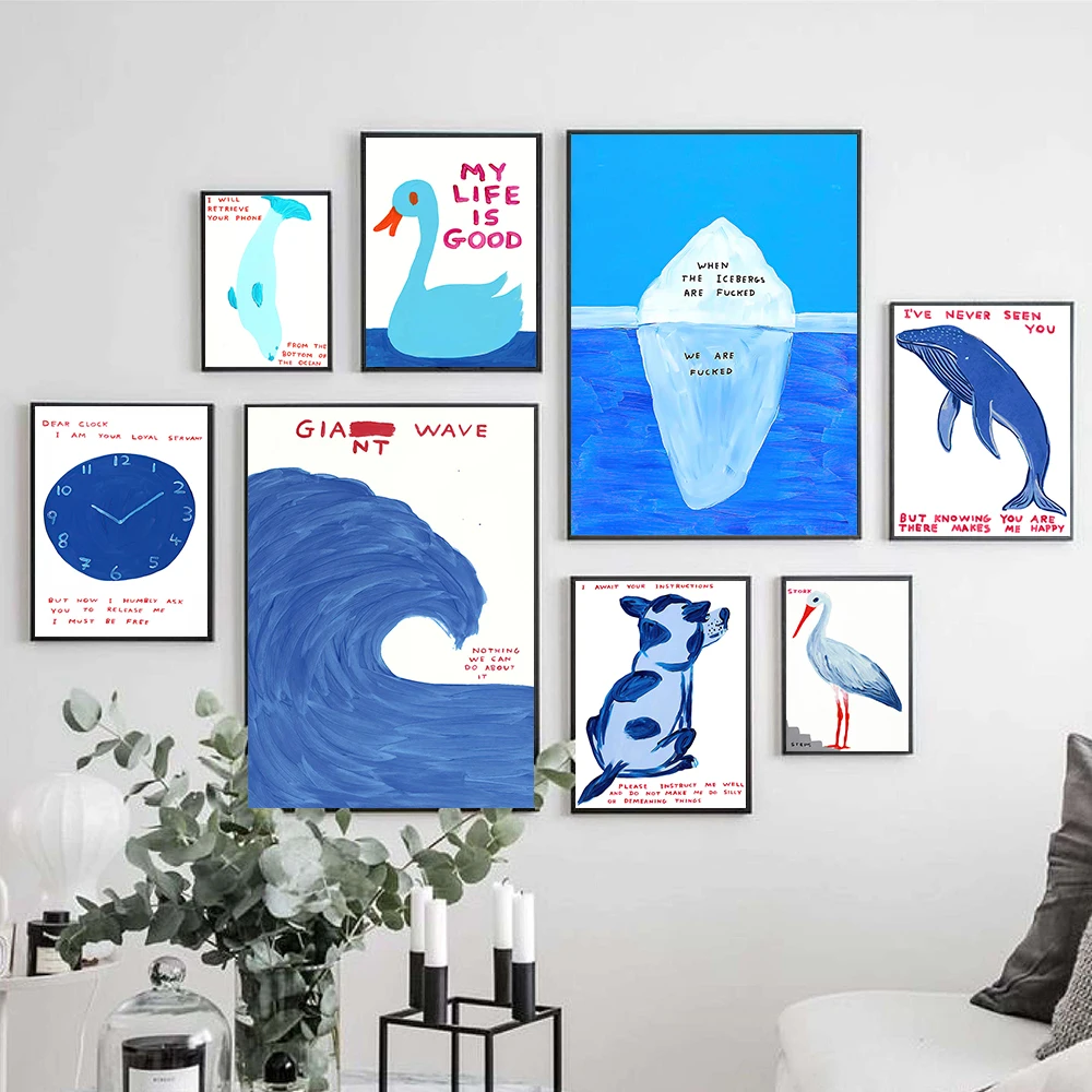 

David Shrigley Nordic Poster Penguin Wave Clock Modern Prints On Canvas Oil Painting Wall Art Picture Bedroom Kids Room Decor